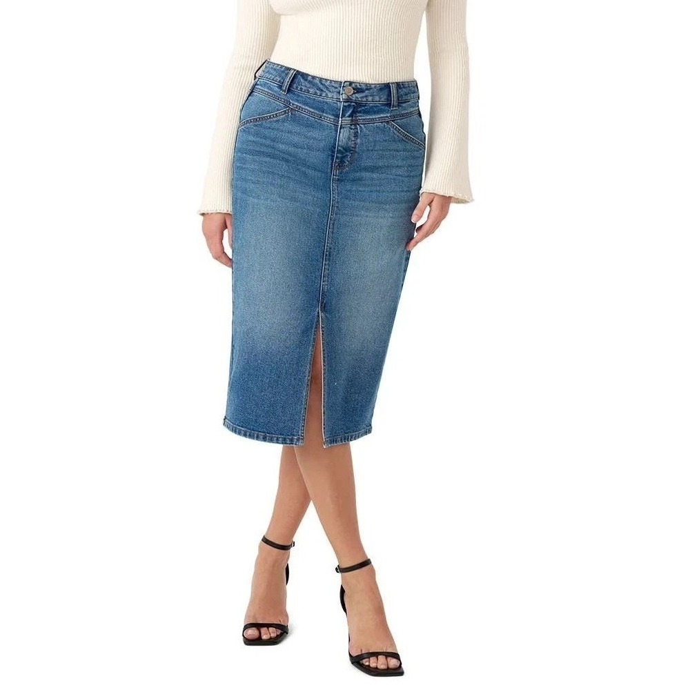 Hunter McGrady x Edited Blue‎ Denim Midi Skirt Plus 24W Medium Wash Front Slit